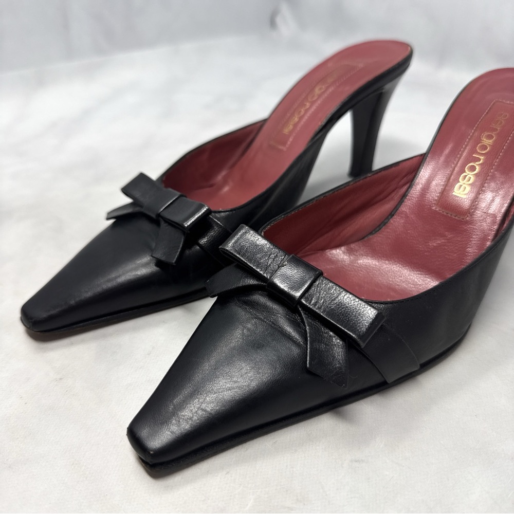 Sergio Rossi Vintage Y2K Bow Leather Pointed Toe Kitten Heel Mule Coquette Black